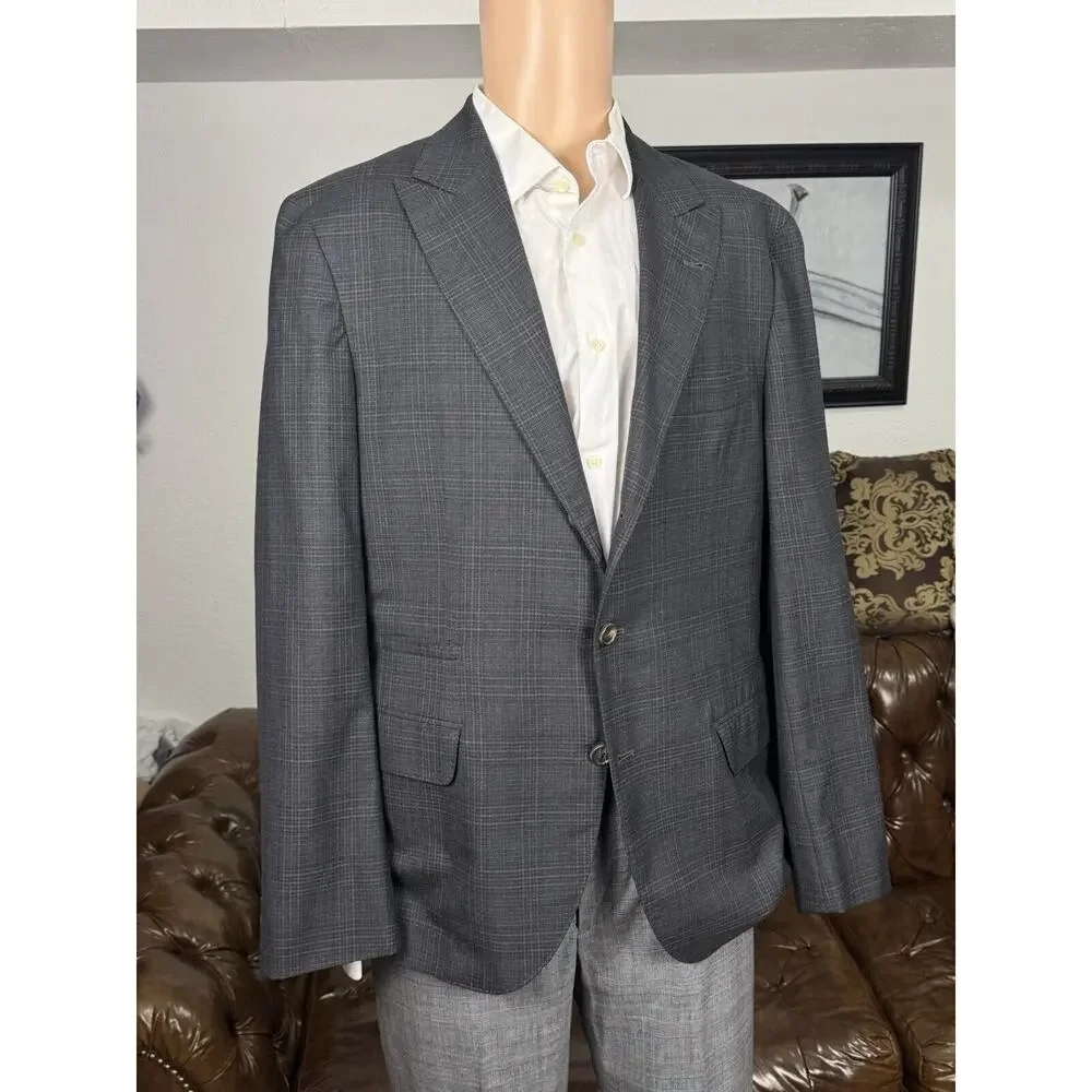 Brunello Cucinelli Charcoal Gray Plaid Peak Lapel Blazer Sportcoat Jacket 54/44